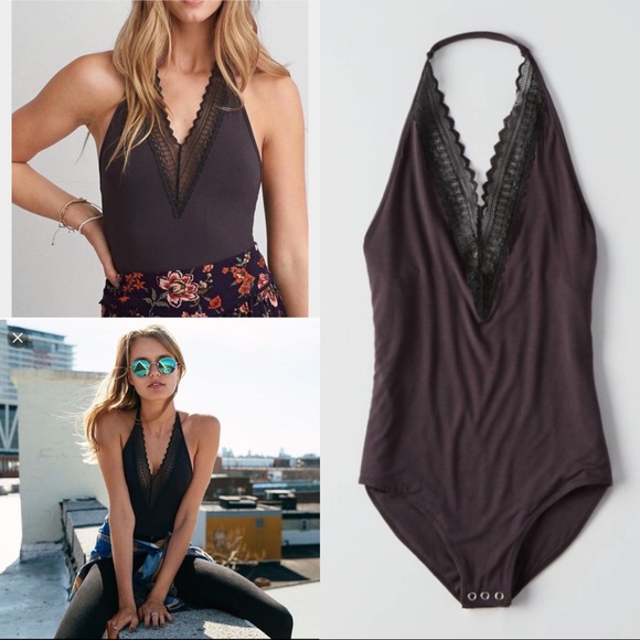 American Eagle Outfitters Tops - AEO Soft Deep V Halter Lace Bodysuit